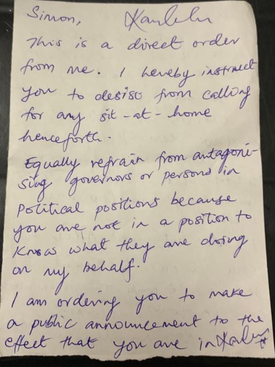 Nnamdi Kanu Releases Handwritten Letter To Simon Ekp, Declares End To All Sit-At-Home In South-East Region