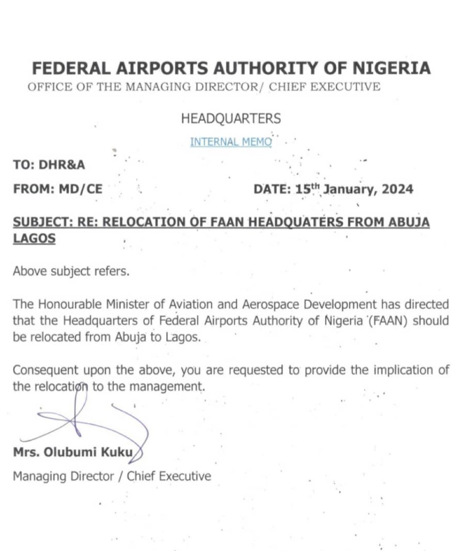 FG Moves FAAN Headquarters From Abuja To Lagos