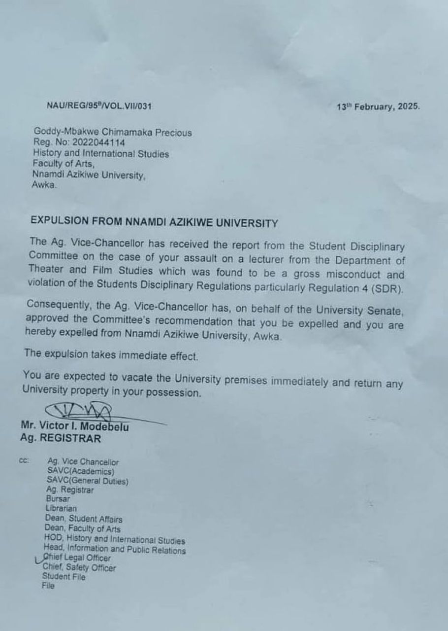 Goddy-Mbakwe Chimamaka: UNIZIK Expels Student Who Fought Lecturer